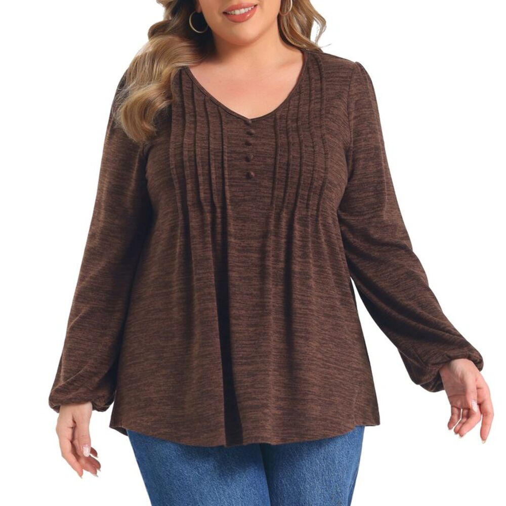 Women Plus Size V Neck Pleated Button Decor Tops Dark Brown